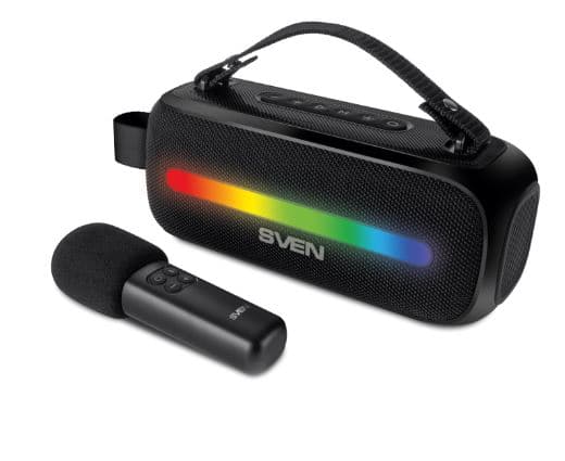 Портативная колонка Sven PS-255,12вт, USB, Bluetooth, RGB подсветка, Беспроводной микрофон для караоке, 3600 мА*ч