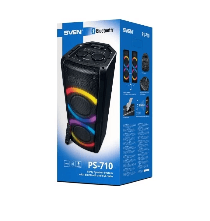 Портативная колонка SVEN PS-710, 100 Вт (RMS), Bluetooth, FM-радио, USB, microSD