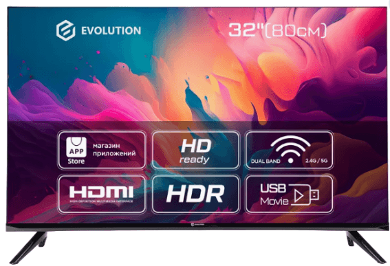32" (80 см) Телевизор EVOLUTION A13OS321HD, HD, 1366x768, Wi-Fi, 60 Гц, Android TV, HDMI х 3, USB х 2 шт,  2х20 Вт, VESA 100x200