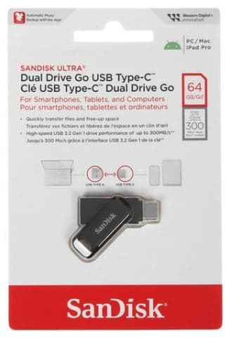 Память SanDisk Ultra Dual Drive Go 64 ГБ USB 3.2 Gen 1/USB Type-A, USB Type-C, до 400 Мбайт/сек