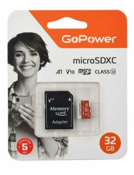 Карта памяти microSD GoPower 32GB Class10 UHS-I (U3) 80 МБ/сек V10 с адаптером