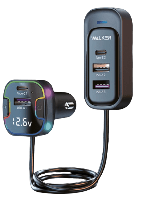 АЗУ WALKER WCR-75,100Вт, с удлинителем 1.5м, Type-Cx2, USBx3
