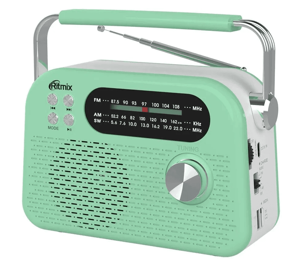 Радиоприемник портативный RITMIX RPR-045 мятный, 
FM, AM, SW, USB, 1200 мАч