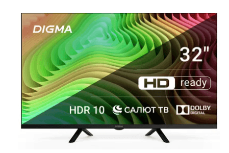 32" (80 см) Телевизор Digma DM-LED32SBB34 черный, HD, 1366x768, Wi-Fi, 60 Гц, Салют ТВ, HDMI х 2, USB х 2