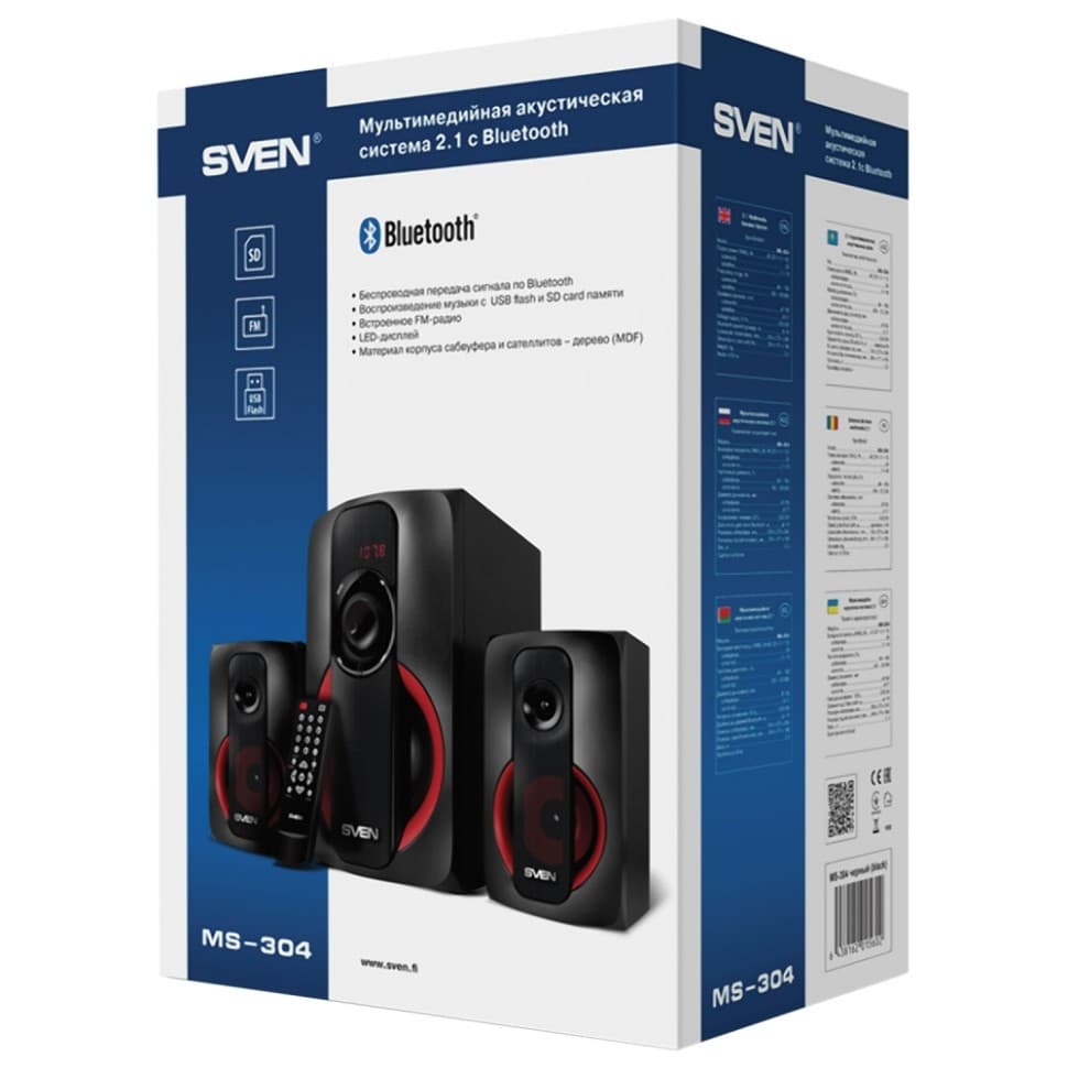 Колонки 2.1 Sven MS-304 RMS 40W, Bluetooth, FM, USB, SD, дисплей, ПДУ, МДФ, чёрный